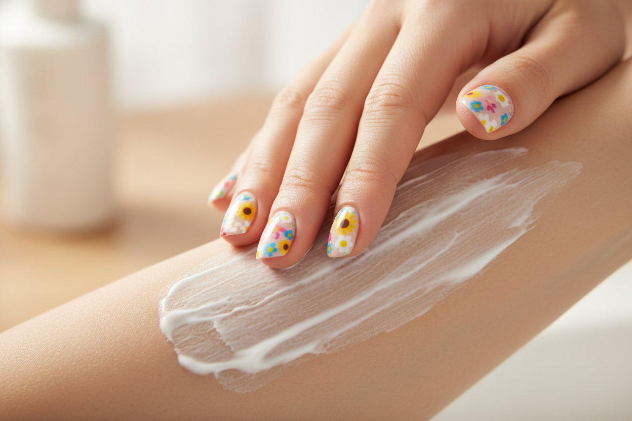 A close-up, photorealistic image of a hand applying a layer of lotion on skin. The lighting is soft and natural, matching a skincare product photo. The hand has short, rounded fake nails with colorful floral designs, similar to bright, playful nail art. The skin texture, lotion smears, and hand position should resemble a realistic skincare application photo. No text, no identifiable people.
